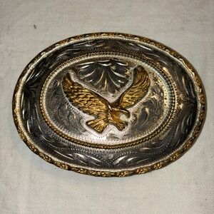 Vintage Western Belt Buckle Eagle Gold Silver Tone Ornate Cowboy Rodeo Patriotic